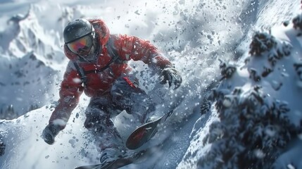 A man effortlessly rides his snowboard down the steep side of a snow-covered mountain, carving through fresh powder with the snow glistening in the sunlight.