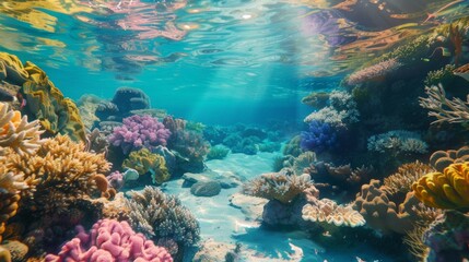 Underwater paradise: Vibrant coral reefs teem with life beneath the crystal-clear waters of a tropical ocean, a vibrant ecosystem thriving beneath the surface. - obrazy, fototapety, plakaty