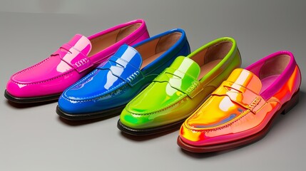 The loafers are crafted from high-quality leather or suede in a vibrant and attention-grabbing color typical of 80s fashion, such as electric blue, neon green, or hot pink. 