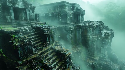 Drift through the mist-shrouded ruins of an ancient civilization, where crumbling temples and weathered statues bear silent witness to the passage of time. Vines creep through cracks in the stone, 