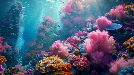 Underwater wonder: Colorful coral reefs teem with life beneath the surface of the ocean, creating a mesmerizing underwater landscape.