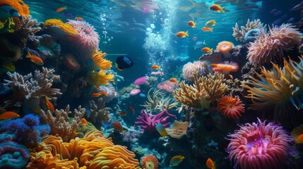 Obraz na płótnie Canvas Underwater wonderland: A vibrant underwater garden of coral and sea anemones provides a colorful backdrop for a diverse array of marine life.