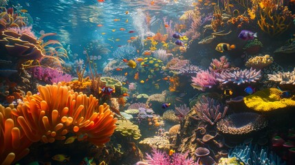 Fototapeta na wymiar Underwater wonderland: A vibrant underwater garden of coral and sea anemones provides a colorful backdrop for a diverse array of marine life.