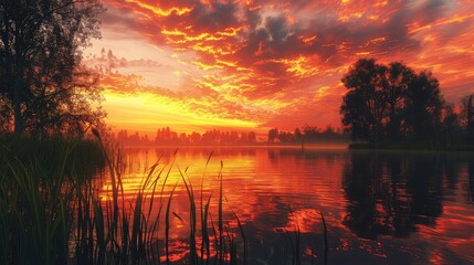 A serene lakeside scene at sunset, with the sky ablaze with fiery hues of orange and red, reflecting off the still waters of the lake, while silhouettes of trees line the shoreline,  - obrazy, fototapety, plakaty