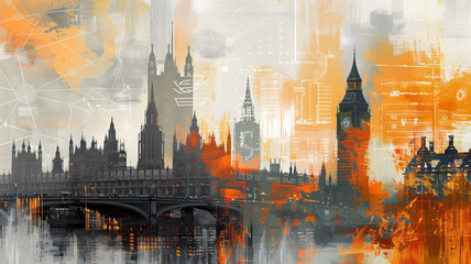 Big Ben and London cityscape double exposure contemporary style minimalist artwork collage illustration