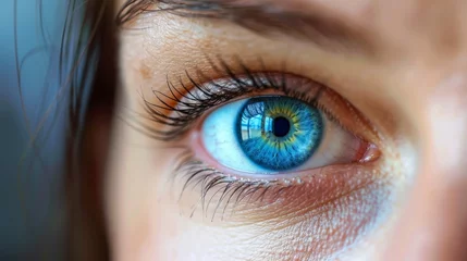 Tuinposter A close up of a woman's eye with blue iris, AI © starush