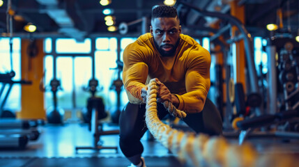 Intense Workout with Battle Ropes in a Gym. Generative ai