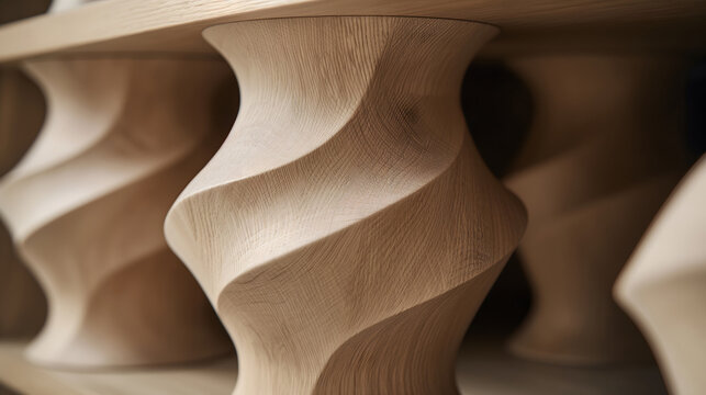 Close up view of elegantly curved wooden shapes that interlace to form a harmonious pattern, highlighting the fine grain and organic beauty of the wood used in this artful design.