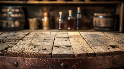 A wooden table with a rustic look in the background, AI