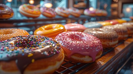 Enter the enchanting world of confectionery as you behold a mesmerizing array of freshly baked donuts, 