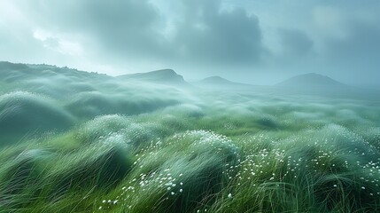 Experience the ethereal beauty of a misty morning on the moors, where rolling hills vanish into the swirling fog. Dew-kissed grasses glisten in the pale light, 