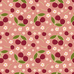 Seamless cherry pattern. Summer pattern with cherry berries. Red berry summer season print. Modern summer background. Perfect for fabric and textile. wrapping and packaging, stationary design.