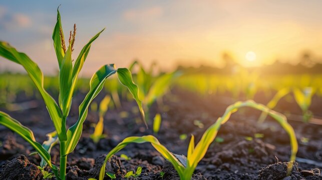 Young green corn growing on the field at sunset. Young Corn Plants. Corn grown in farmland.Maize seedling in the agricultural garden with blue sky.