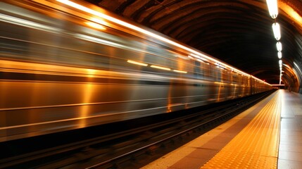 Fototapeta na wymiar A train is moving through a tunnel at night, AI