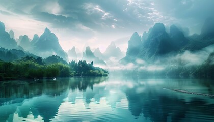 Serene mountain lake surrounded by misty peaks 
