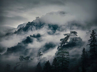 Niebla en la montaña, paisaje místico con neblina