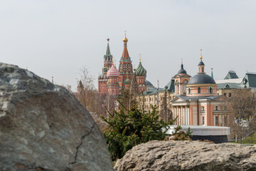 Side view from public park of Church of Barbara on Varvarka, Saint Basil's Cathedral and Spasskaya...