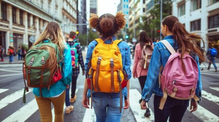 A group of young women with backpacks crossing a street, AI