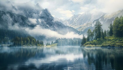 Serene mountain lake surrounded by misty peaks 