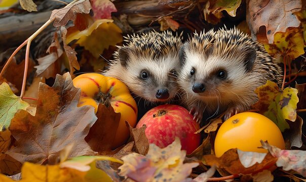 Zwei Igel im Garten im Laub, sch&ouml;nes Herbstbild