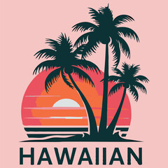 Fototapeta premium Creat graphic logo illustration Hawaiian Sunset with palm trees, whit solid background, drop shadow,vibrant colors,vector art.