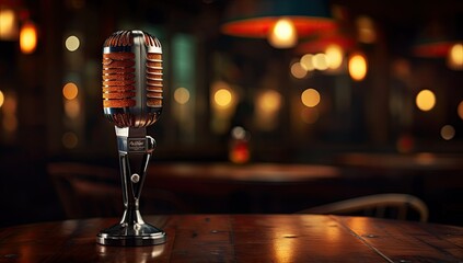 Retro microphone on a wooden table in a pub or restaurant.