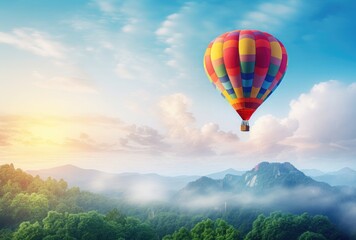 Obraz premium Colorful hot air balloon flying high in blue sky. 3D rendering