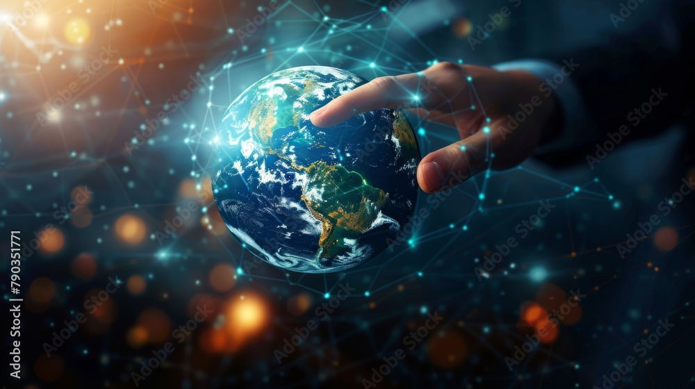 Aufkleber businessman hand touching on global network for business and technology transformation exchange data