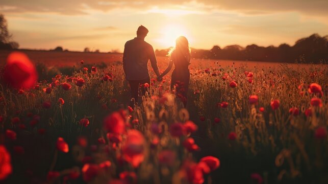 Woman leading a man in red poppies meadow.