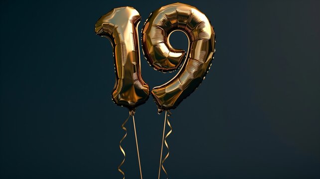 Golden foil balloon number 19 on dark background․  Gold foil balloon. Birthday decoration concept