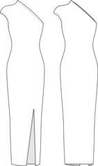 cap sleeve asymmetric neck slit body-con maxi long elastic dress template technical drawing flat sketch cad mockup fashion woman design style model
