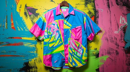 The shirt typical of the 1980s, with a combination of neon hues and bold primaries colors like electric blue, hot pink, lime green, and bright yellow to create an eye-catching design 