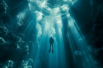 Taucher im Meer, Sonnenlicht bricht an der Wasseroberfläche, Konzept traumhafte Unterwasserwelt