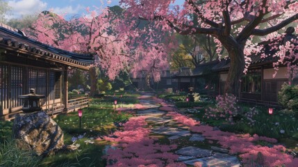 Cherry blossom bliss: A tranquil garden is adorned with delicate pink sakura blossoms, creating a serene atmosphere of natural beauty.