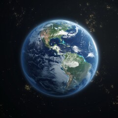 A blue and white planet with a dark sky background. The planet is surrounded by stars and the sky is filled with light