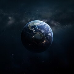 A dark blue planet with a bright star in the background. The planet is surrounded by a lot of stars and the sky is dark