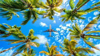 Airplane flying through blue sky with palm trees in the foreground.