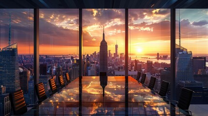 A sleek glass-walled conference room perched atop a skyscraper, offering commanding views of the...