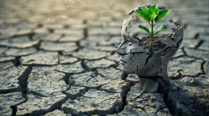 Climate change psychology as a dried or dry cracked land with a growing young plant in the shape of a human head as a composite.