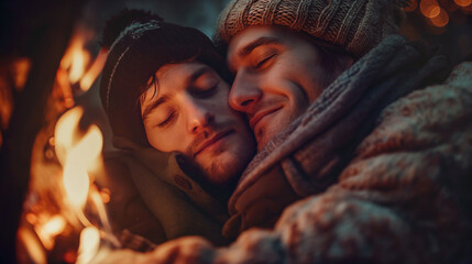 Warm embrace between two men by the fire, symbolizing love and comfort. Perfect for visuals related to LGBT relationships and cozy, intimate moments.