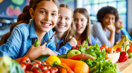 Group of young girls sitting next to each other in front of pile of vegetables.