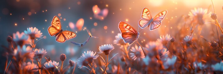 Lebendige Szene zarter Schmetterlinge, die zwischen einem Feld blühender Blumen unter einem klaren, sonnigen Himmel tanzen, Konzept Frühling und Frühlingswiese