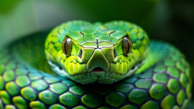 Close-up of a green serpent with a black eye