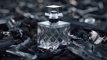 A luxurious bottle of perfume delicately balances atop a rustic pile of rocks, harmonizing natures essence with man-made fragrance.