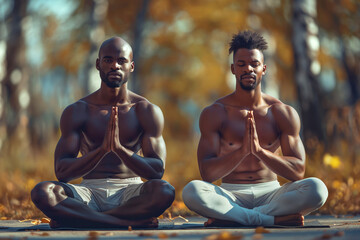 Meditative gay couple practicing yoga outdoors. Symbolizes peace and mindfulness, excellent for wellness and spiritual health content.