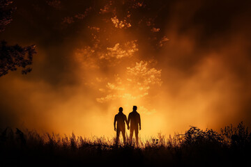 Mystical forest rendezvous. Silhouettes of two people against a fiery forest backdrop evoke mystery and romance. Fits themes of love, nature, and drama.