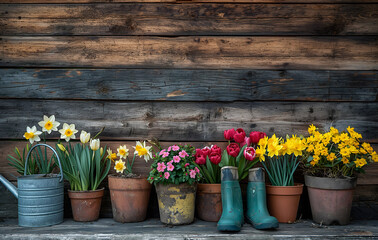 Fototapeta na wymiar Gartengeräte und Setzlinge auf einem alten Holztisch, Erde und Pflanzen, Gemüsegarten, Konzept Gartenarbeit im Frühling