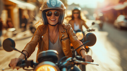 Joyful woman riding a motorcycle with a friend in the city. Represents freedom, adventure, and friendship, ideal for lifestyle and travel marketing.