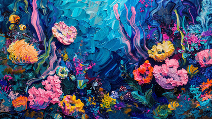 Fototapeta na wymiar A vibrant coral reef texture oceanic abstract art from a colorful original painting for abstract background in blue pink color detailed Coral symphony. 