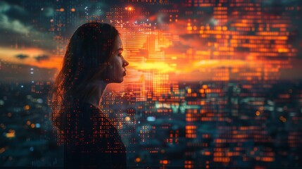 A woman looking at a cityscape with lights and stars, AI - Powered by Adobe